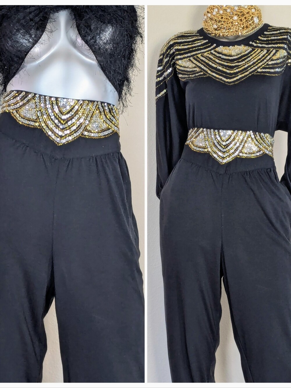 VTG Bedazzled Sparkly DISCO FEVER Gold Beaded Waist  Neckline Two-Piece PantSuit